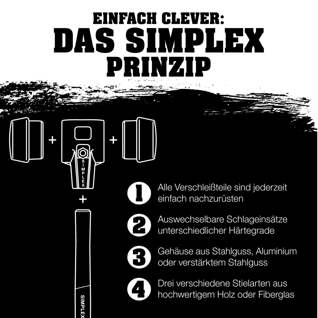 SIMPLEX-Schonhammer, Gummikomposition / Superplastik; mit Tempergussgehäuse und hochwertigem Holzstiel | D=30 mm | 3027.030