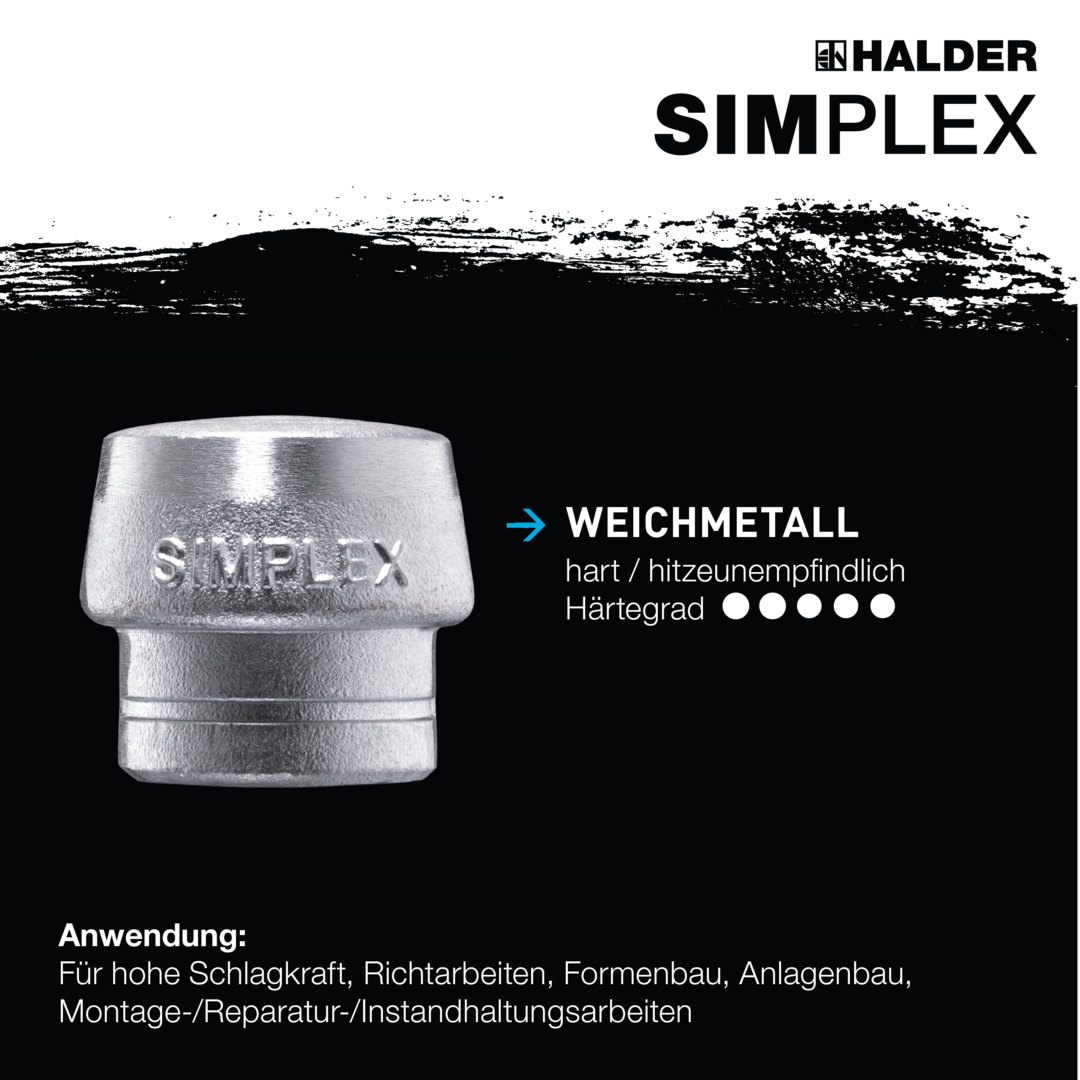 SIMPLEX-Schonhammer, Weichmetall; mit verstärktem Tempergussgehäuse und Fiberglasstiel | D=40 mm | 3709.040