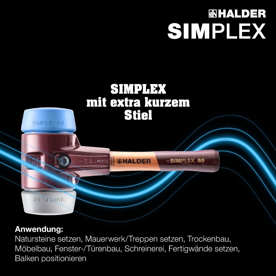 SIMPLEX-Schonhammer, TPE-soft / TPE-mid; mit Tempergussgehäuse und hochwertigem extra kurzen Holzstiel | D=60 mm / Stielausführung=extra kurz | 3013.062