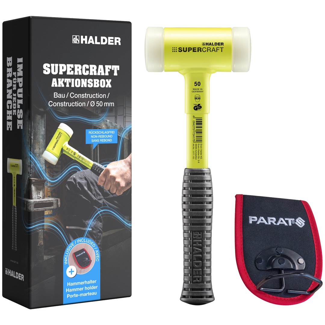 Aktionsbox Bau SUPERCRAFT-Schonhammer D50 mit bruchsicherem Stahlrohrstiel, gelb-fluoreszierend beschichtet und PARAT Hammerhalter | EH 3377s001