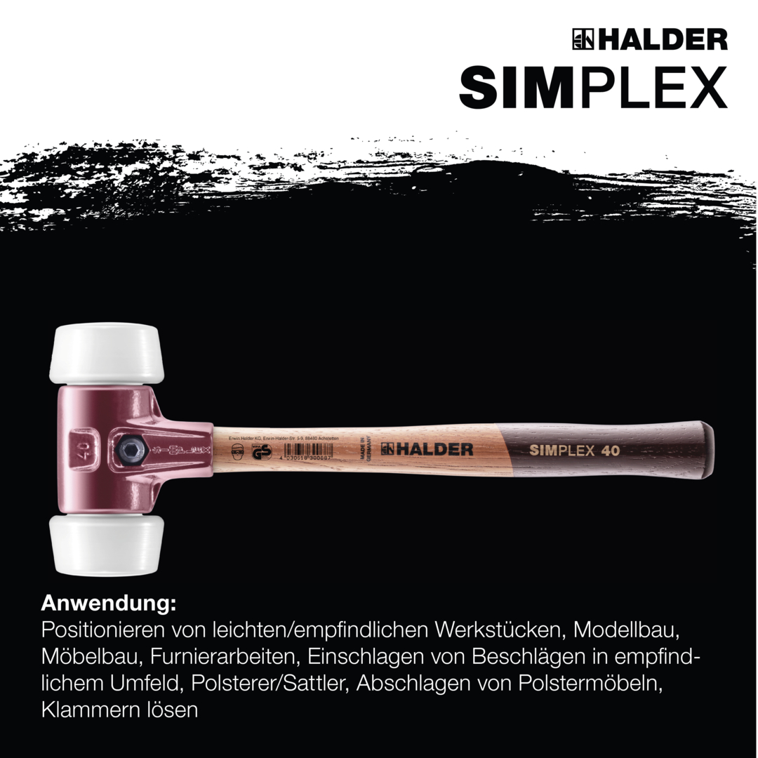 SIMPLEX-Schonhammer, 50:40, Superplastik; mit Tempergussgehäuse und hochwertigem Holzstiel | D=50 mm | 3007.051