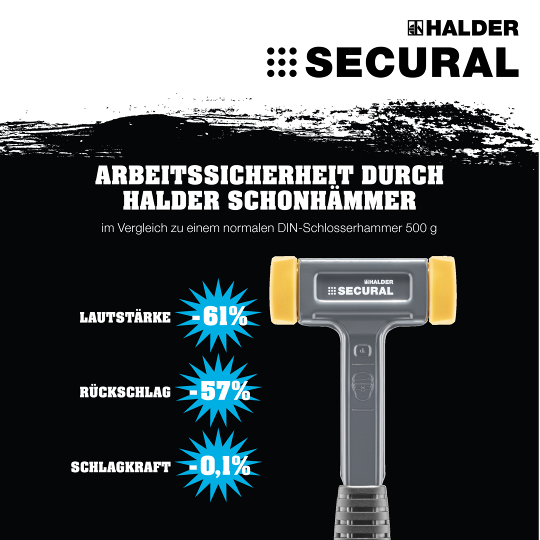 SECURAL plus-Schonhammer, Kopf und Stiel bruchsicher aus einem Stück Stahl, Schlageinsätze rechteckig, mit speziellem Griffende | L=30 mm / B=40 mm | 3380.140