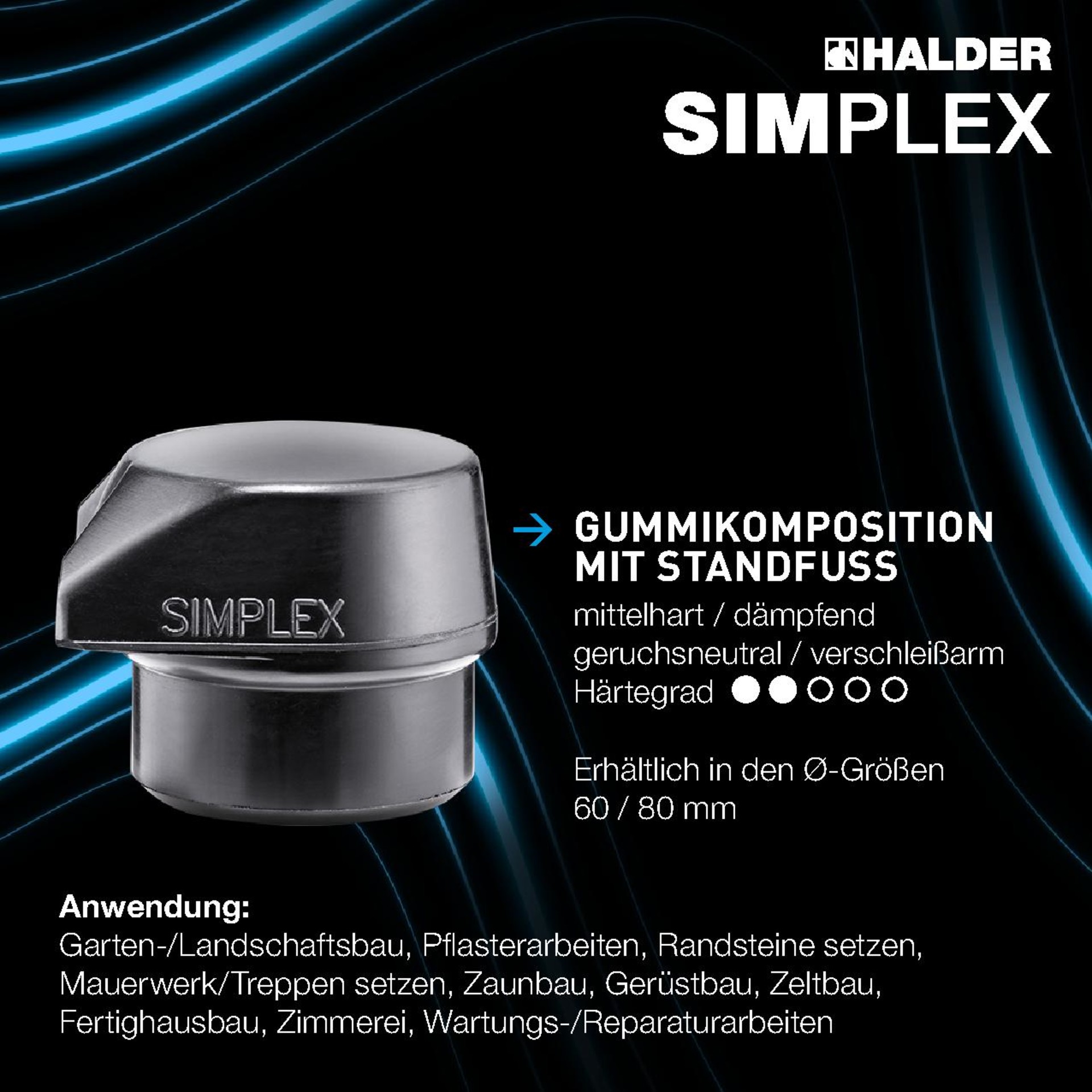 SIMPLEX-Schonhammer, Gummikomposition mit Standfuß / Superplastik; mit verstärktem Tempergussgehäuse und Fiberglasstiel | D=60 mm | 3727.260