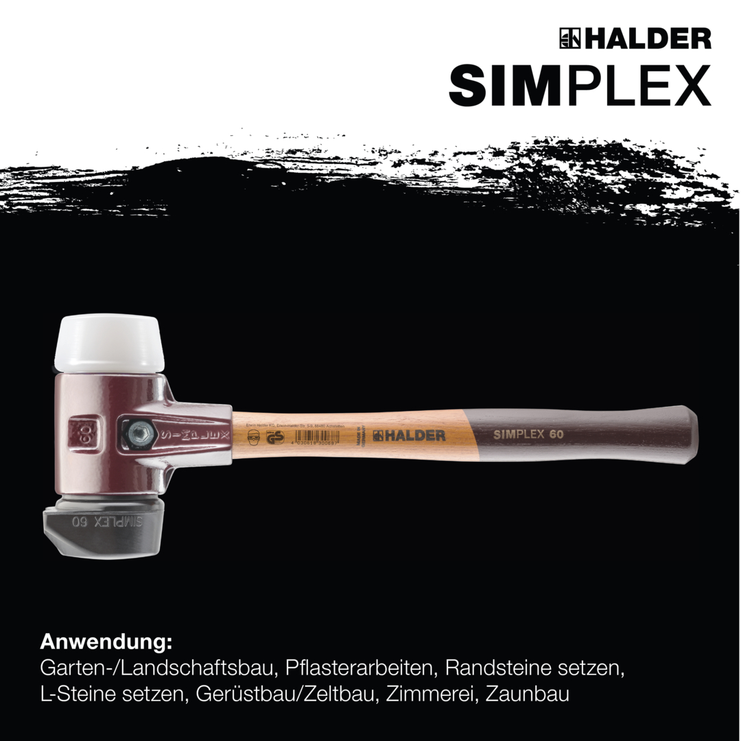 SIMPLEX-Schonhammer, Gummikomposition, mit Standfuß / Superplastik; mit Tempergussgehäuse und hochwertigem Holzstiel | D=60 mm | 3027.260