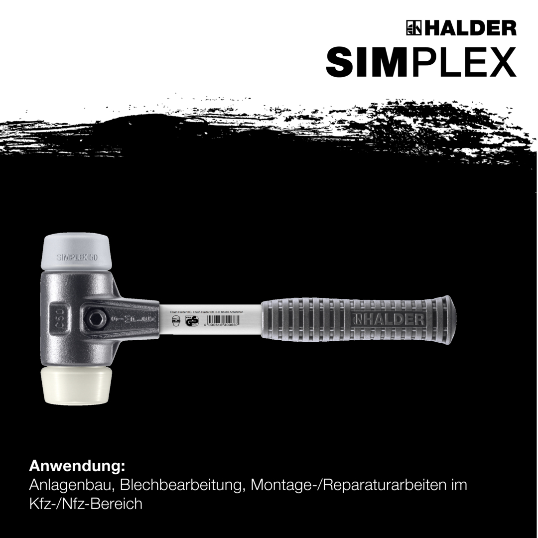 SIMPLEX-Schonhammer, TPE-mid / Nylon; mit verstärktem Tempergussgehäuse und Fiberglasstiel | D=60 mm | 3738.060