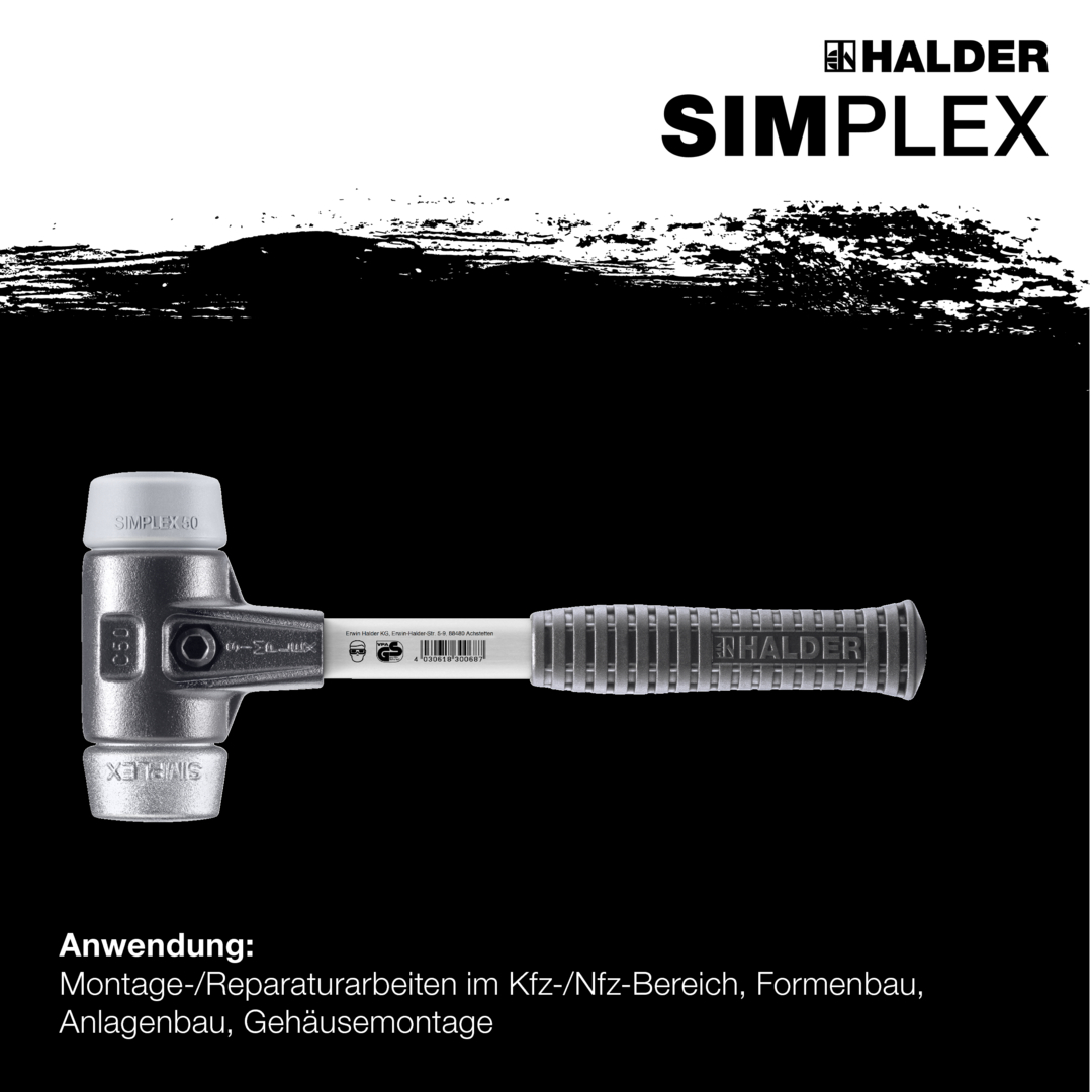 SIMPLEX-Schonhammer, TPE-mid / Weichmetall; mit verstärktem Tempergussgehäuse und Fiberglasstiel | D=50 mm | 3739.050