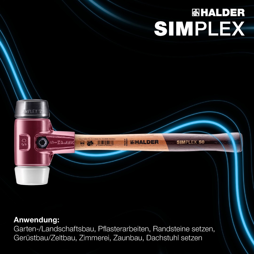 SIMPLEX-Plusbox Starterkit, SIMPLEX-Schonhammer D80, Gummikomposition / Superplastik, mit Tempergussgehäuse sowie je ein Schlageinsatz Gummikomposition mit Standfuss plus Cuttermesser | 3027s028
