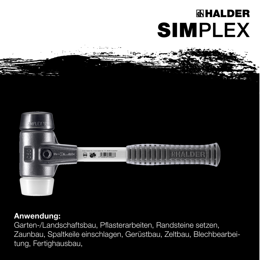 SIMPLEX-Schonhammer, Gummikomposition / Superplastik; mit verstärktem Tempergussgehäuse und Fiberglasstiel | D=50 mm | 3727.050