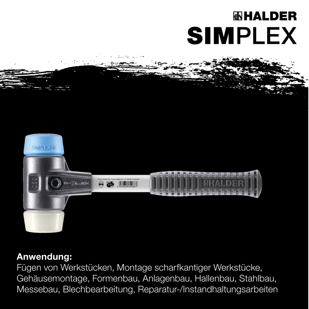 SIMPLEX-Schonhammer, TPE-soft / Nylon; mit verstärktem Tempergussgehäuse und Fiberglasstiel | D=40 mm | 3718.040