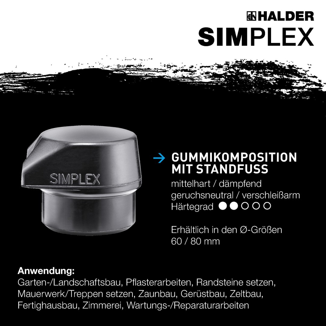 SIMPLEX-Schonhammer, Gummikomposition, mit Standfuß / Superplastik; mit Tempergussgehäuse und hochwertigem extra kurzen Holzstiel | D=60 mm / Stielausführung=extra kurz | 3027.262