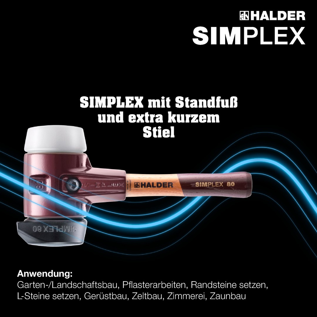 SIMPLEX-Schonhammer, Gummikomposition, mit Standfuß / Superplastik; mit Tempergussgehäuse und hochwertigem extra kurzen Holzstiel | D=60 mm / Stielausführung=extra kurz | 3027.262