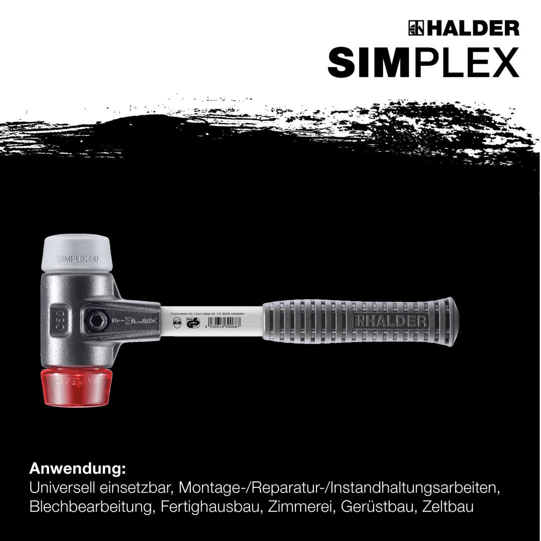 SIMPLEX-Schonhammer, TPE-mid / Plastik; mit verstärktem Tempergussgehäuse und Fiberglasstiel | D=60 mm | 3736.060