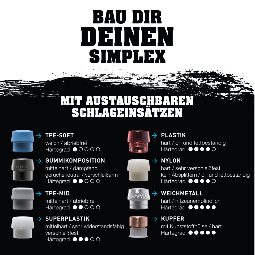 SIMPLEX-Plusbox, SIMPLEX-miękki młotek D80, gumowa kompozycja ze stojakiem / superplastikiem oraz po jednej wkładce TPE-miękkiej i TPE-średniej udarności oraz czapka zimowa | 3027s022