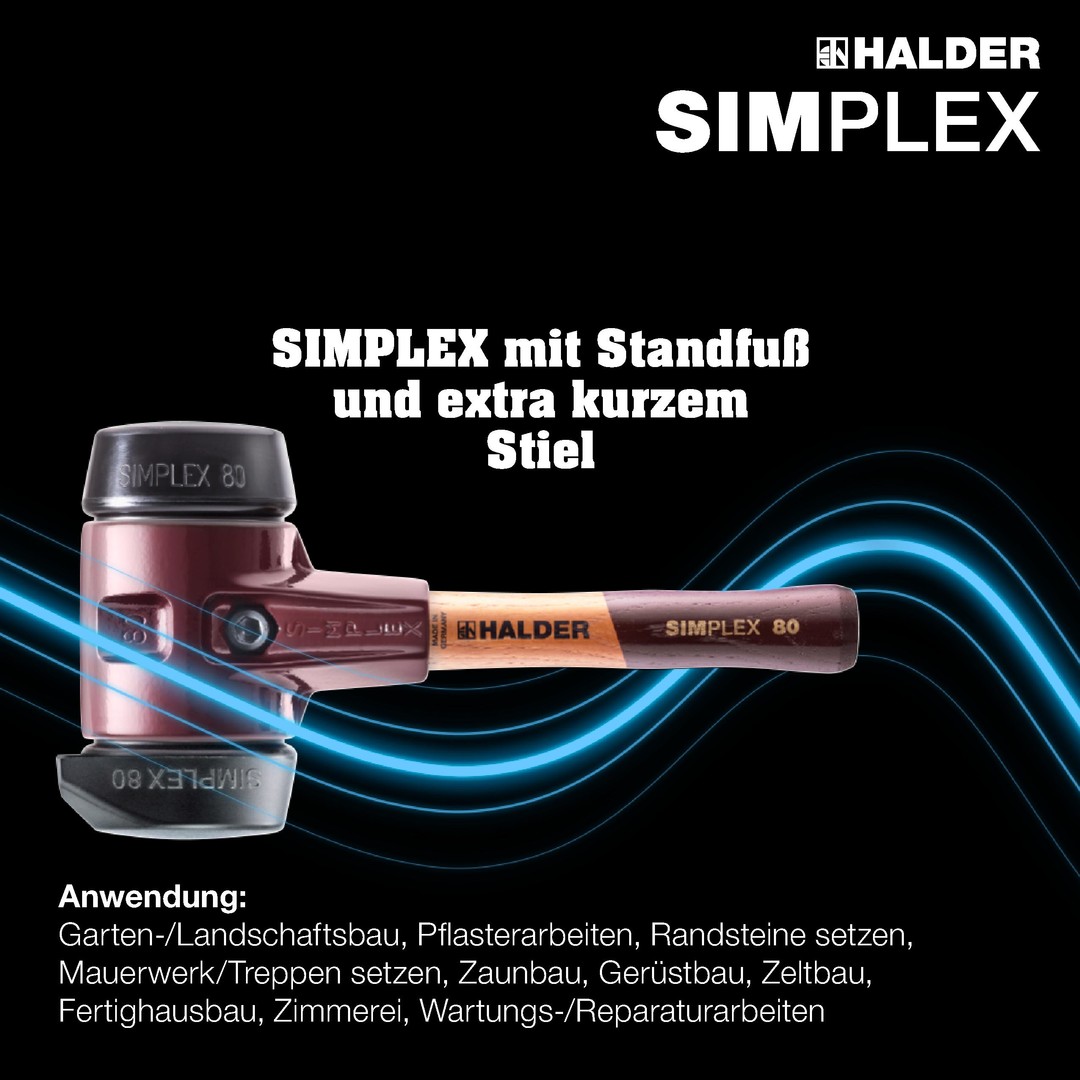 SIMPLEX-Schonhammer, Gummikomposition, mit Standfuß; mit Tempergussgehäuse und hochwertigem extra kurzen Holzstiel | D=80 mm / Stielausführung=extra kurz | 3022.282