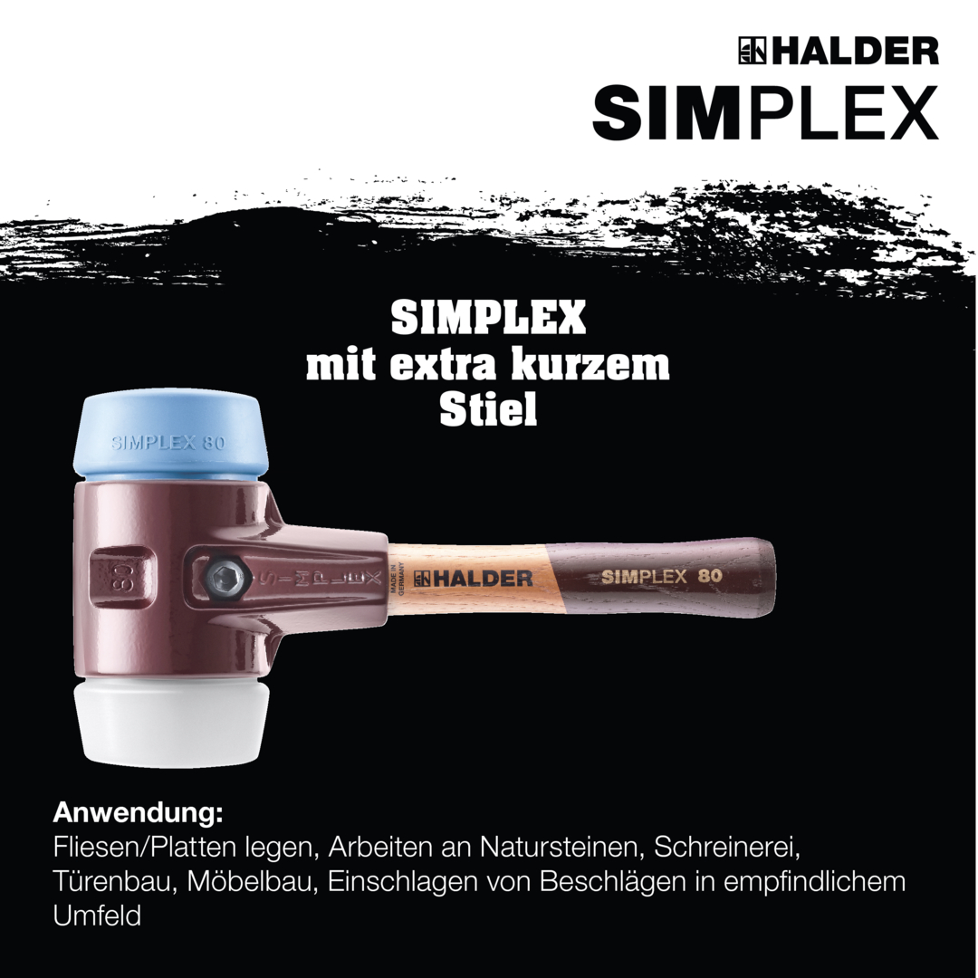 SIMPLEX-Schonhammer, TPE-soft / Superplastik; mit Tempergussgehäuse und hochwertigem extra kurzen Holzstiel | D=80 mm / Stielausführung=extra kurz | 3017.082