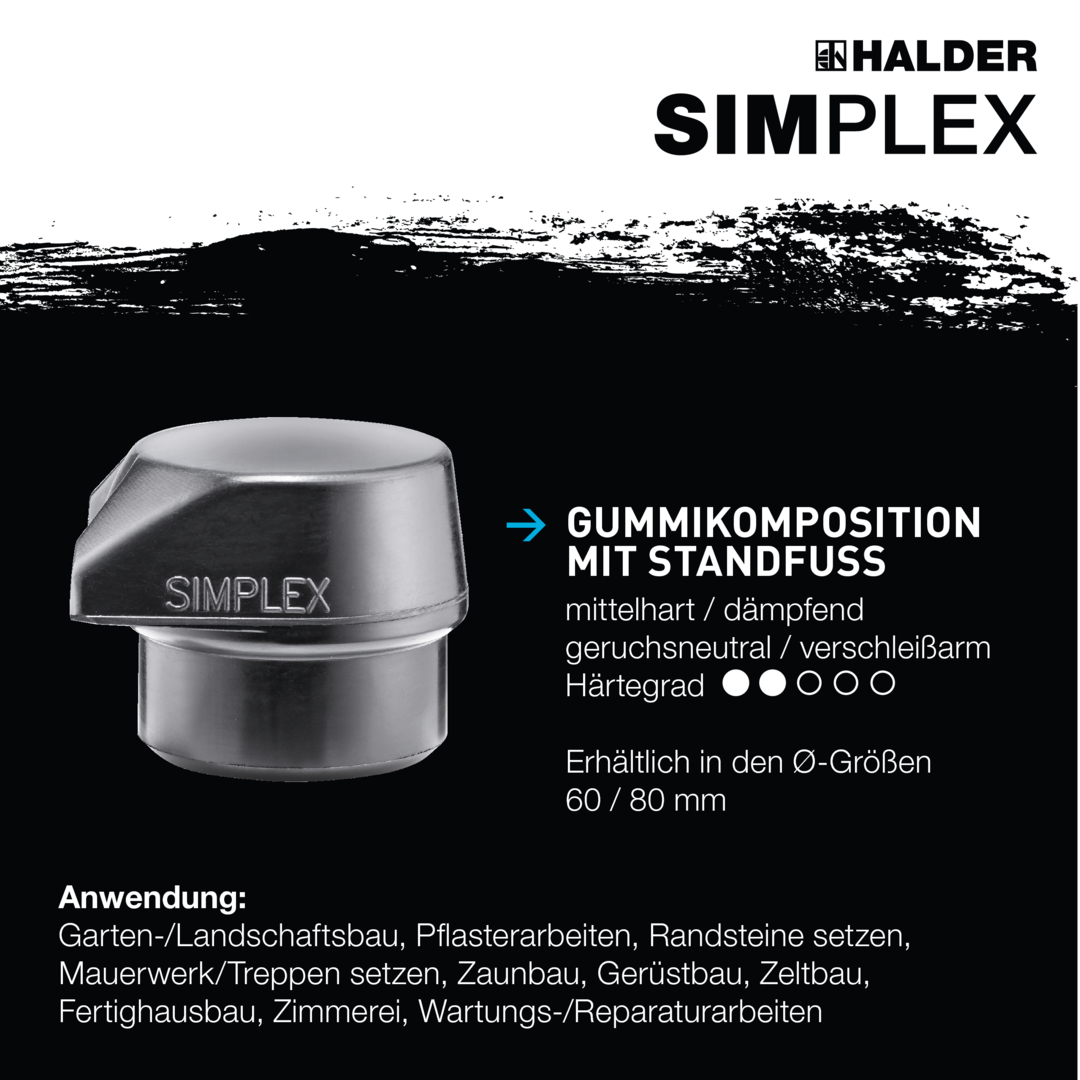 SIMPLEX-Schonhammer, Gummikomposition, mit Standfuß / Nylon; mit Tempergussgehäuse und hochwertigem Holzstiel | D=80 mm | 3028.280