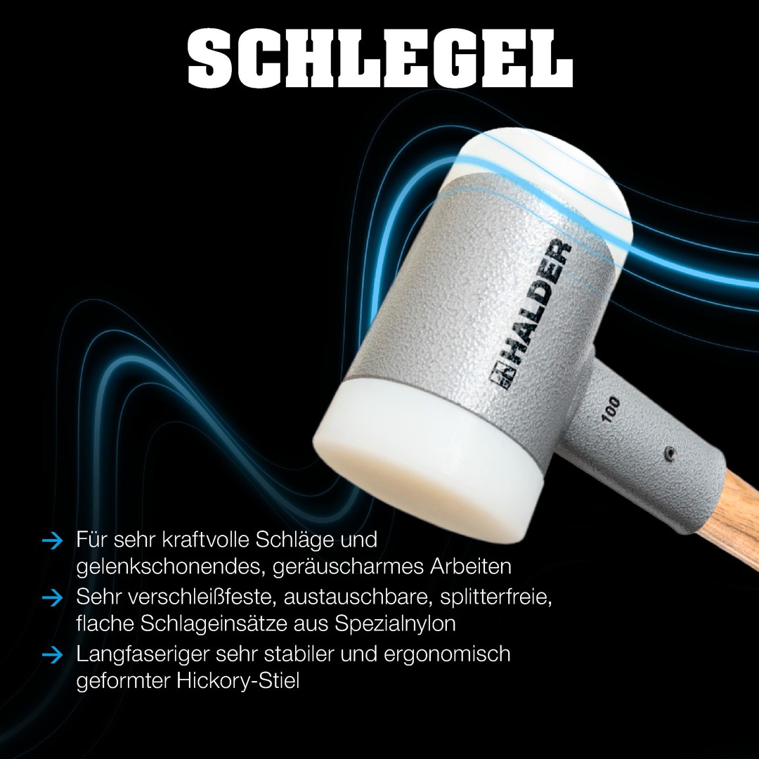 Młotek z tłumiącym drgania, ergonomicznie ukształtowanym i lakierowanym uchwytem hikorowym | D=80 mm / Waga=3600 g | 3366.0S3 Młotek z tłumiącym drgania, ergonomicznie ukształtowanym i lakierowanym uchwytem hikorowym | D=100 mm / Waga=6500 g | 3366.0S6