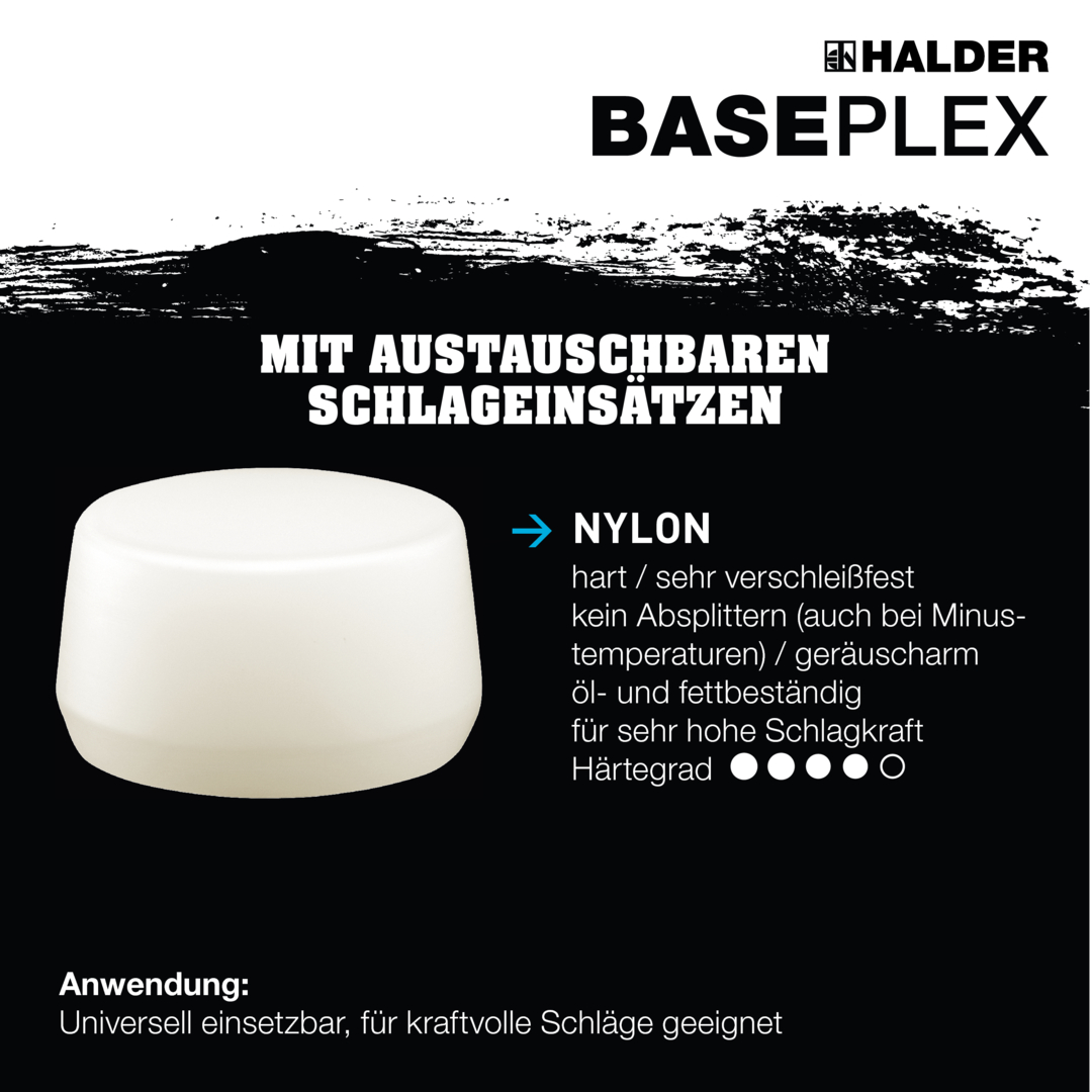 BASEPLEX-Schonhammer, Nylon / Celluloseacetat mit Zinkdruckguss-Gehäuse und Holzstiel | D=25 mm | 3968.025