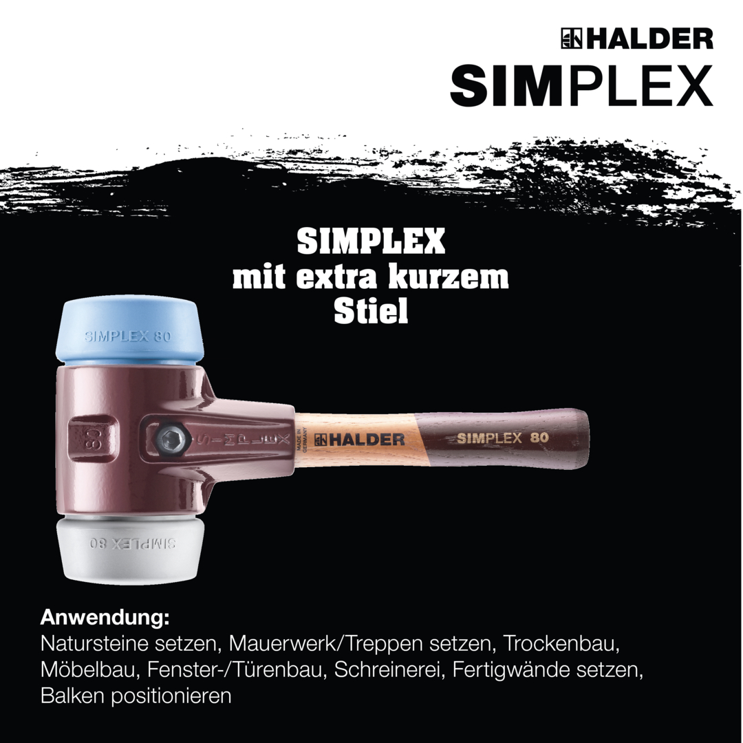 SIMPLEX-Schonhammer, TPE-soft / TPE-mid; mit Tempergussgehäuse und hochwertigem extra kurzen Holzstiel | D=80 mm / Stielausführung=extra kurz | 3013.082