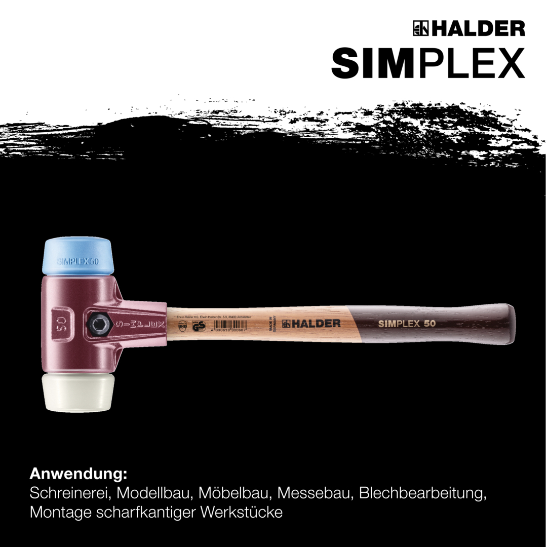 SIMPLEX-Schonhammer, TPE-soft / Nylon; mit Tempergussgehäuse und hochwertigem Holzstiel | D=50 mm | 3018.050