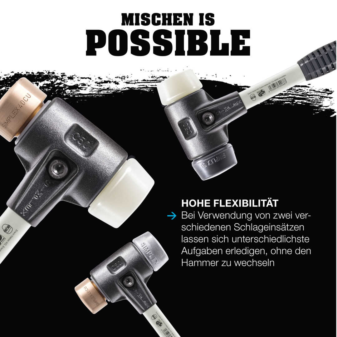 SIMPLEX-Schonhammer, Superplastik / Nylon; mit verstärktem Tempergussgehäuse und Fiberglasstiel | D=60 mm | 3778.060