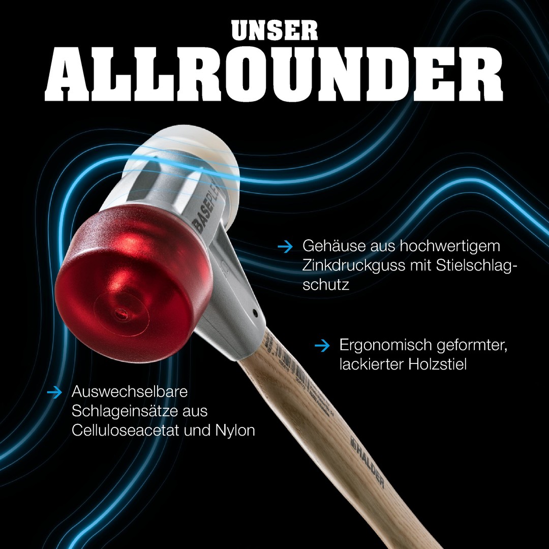 BASEPLEX-Schonhammer, Nylon / Celluloseacetat mit Zinkdruckguss-Gehäuse und Holzstiel | D=25 mm | 3968.025 Pudełko "Dreamteam Maintenance", młotek SUPERCRAFT z trzonkiem hikorowym i młotek BASEPLEX z trzonkiem hikorowym, octan celulozy / nylon | 3366s001