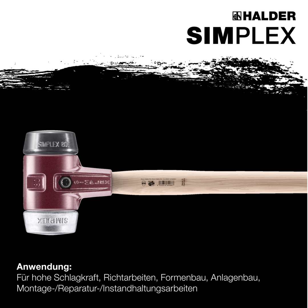 SIMPLEX-Vorschlaghammer, Gummikomposition / Weichmetall; mit Tempergussgehäuse und Hickorystiel | D=80 mm | 3029.081