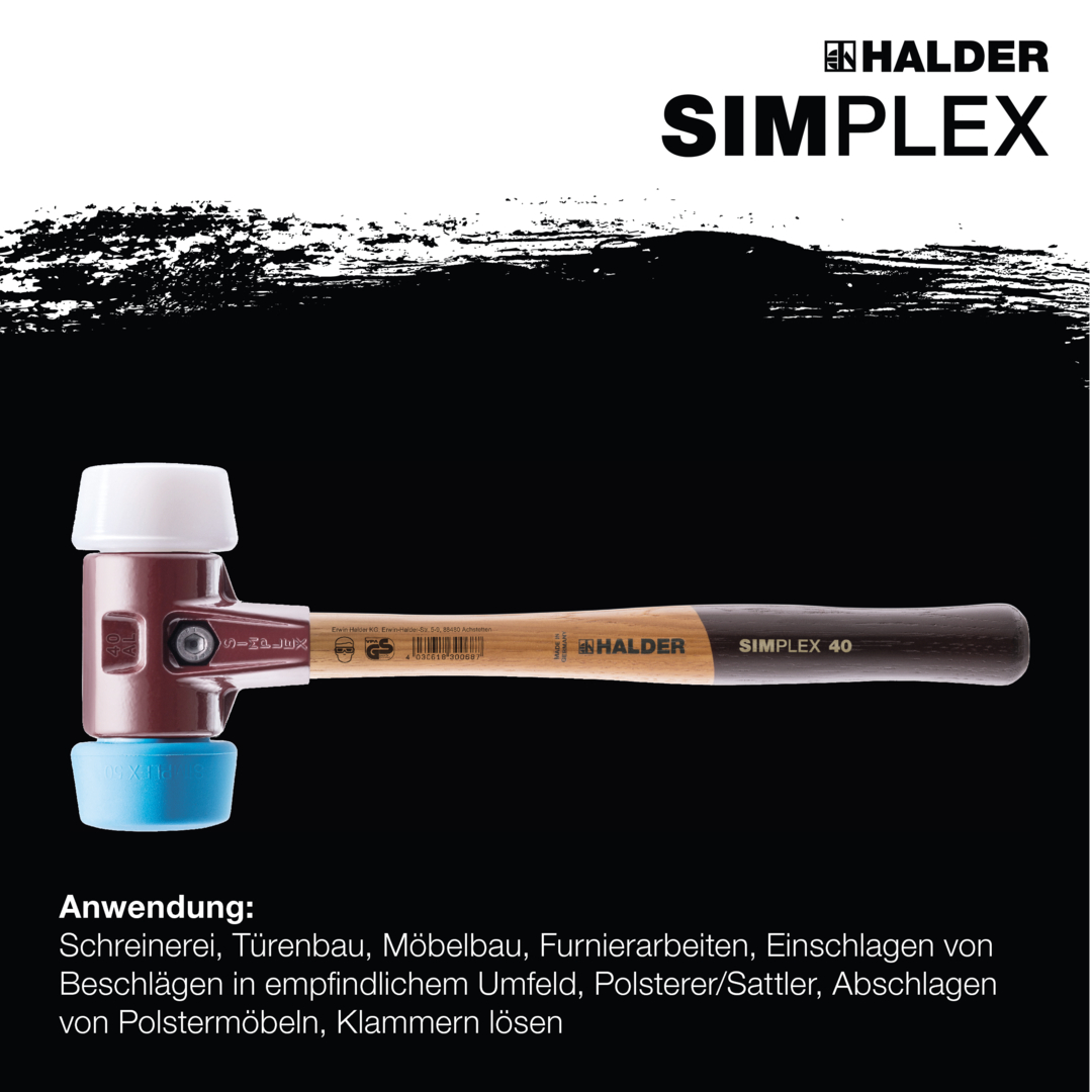 SIMPLEX-Schonhammer, 50:40, TPE-soft / Superplastik; mit Tempergussgehäuse und hochwertigem Holzstiel | D=50 mm | 3017.051