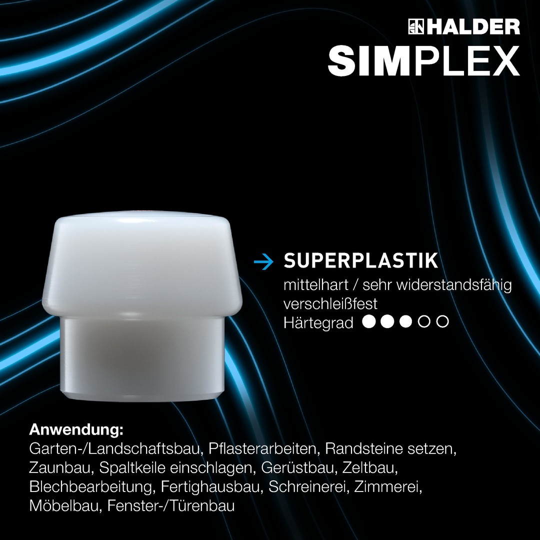 SIMPLEX-Plusbox Starterkit, SIMPLEX-Schonhammer D80, Gummikomposition / Superplastik, mit Tempergussgehäuse sowie je ein Schlageinsatz Gummikomposition mit Standfuss plus Cuttermesser | 3027s028