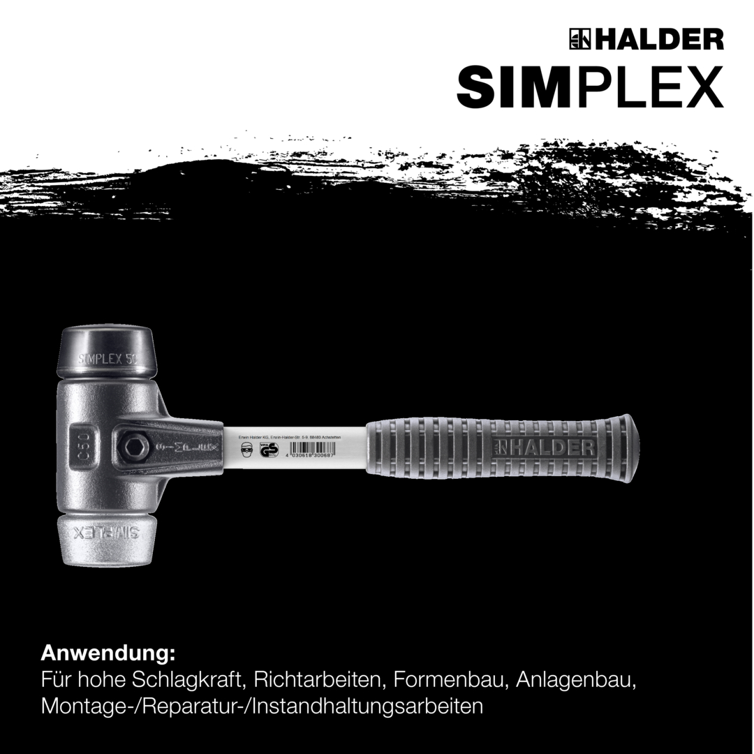 SIMPLEX-Schonhammer, Gummikomposition / Weichmetall; mit verstärktem Tempergussgehäuse und Fiberglasstiel | D=40 mm | 3729.040