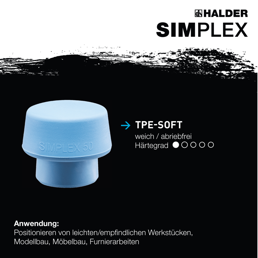 SIMPLEX-Schonhammer, 50:40, TPE-soft / Superplastik; mit Tempergussgehäuse und hochwertigem Holzstiel | D=50 mm | 3017.051