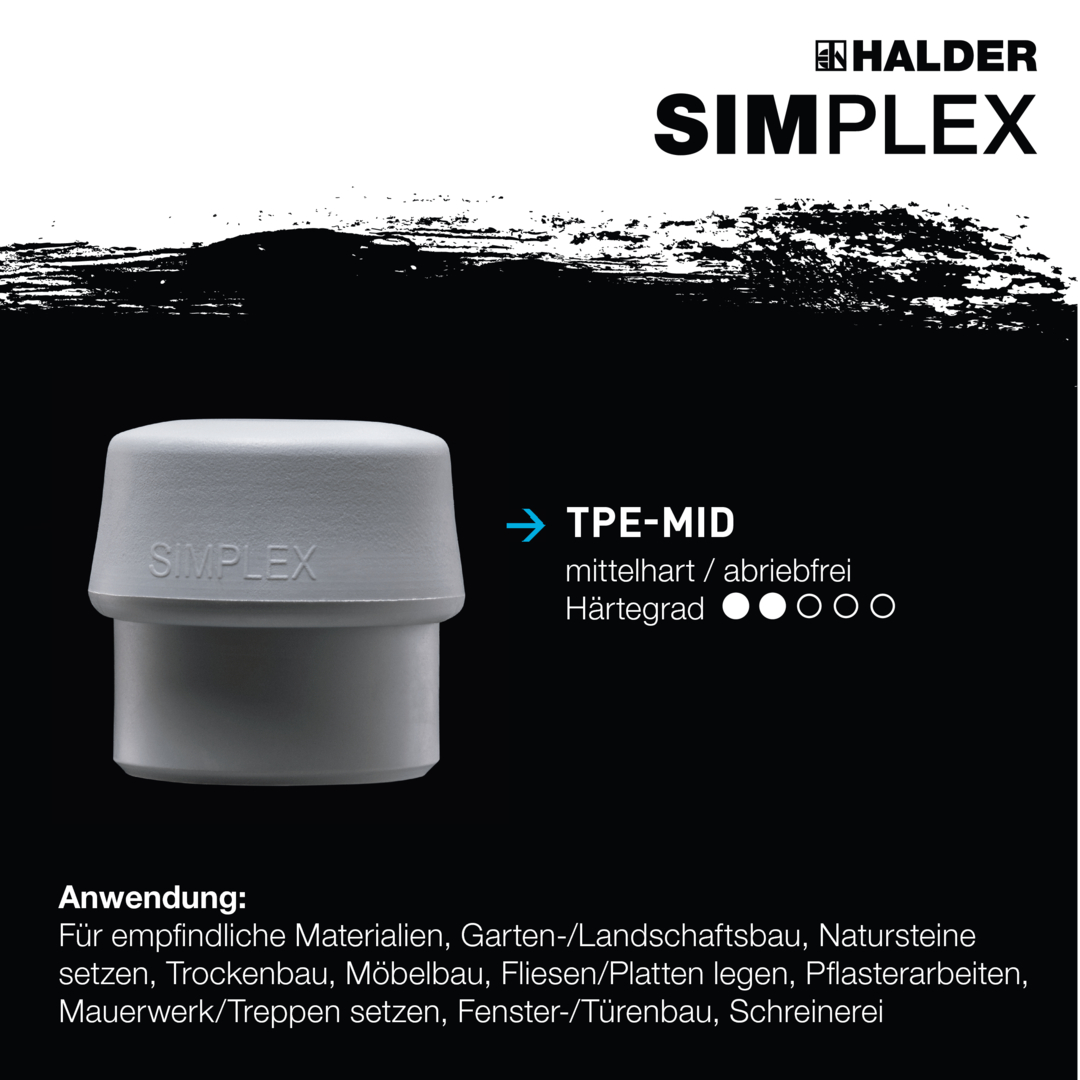 SIMPLEX-Schonhammer, TPE-mid / Nylon; mit verstärktem Tempergussgehäuse und Fiberglasstiel | D=50 mm | 3738.050