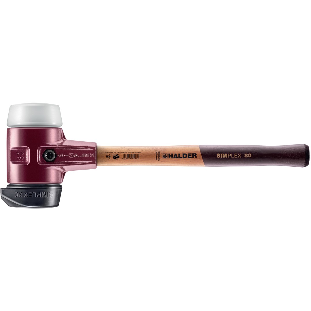 SIMPLEX-Schonhammer, Gummikomposition, mit Standfuß / Superplastik; mit Tempergussgehäuse und hochwertigem Holzstiel | D=80 mm | 3027.280