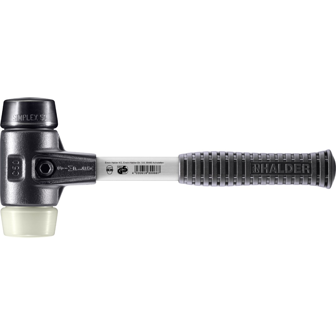 SIMPLEX-Schonhammer, Gummikomposition / Nylon; mit verstärktem Tempergussgehäuse und Fiberglasstiel | D=50 mm | 3728.050