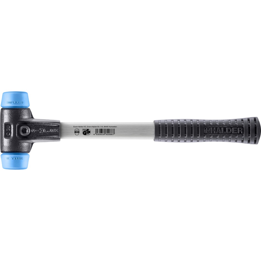 Młotek SIMPLEX z miękkim obuchem, TPE-miękki; ze wzmocnioną obudową z żeliwa ciągliwego i trzonkiem z włókna szklanego | D=30 mm | 3701.030