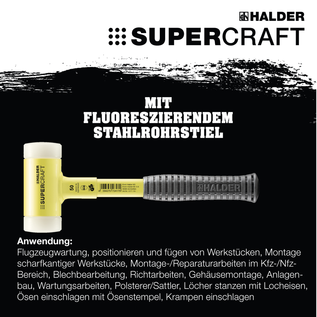 SUPERCRAFT-Schonhammer, mit bruchsicherem Stahlrohrstiel, gelb-fluoreszierend beschichtet und ergonomisch geformtem, rutschsicherem Griff | D=50 mm | 3377.150