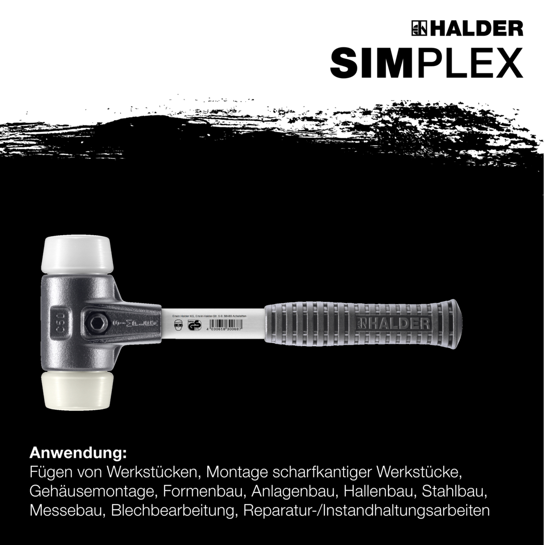 SIMPLEX-Schonhammer, Superplastik / Nylon; mit verstärktem Tempergussgehäuse und Fiberglasstiel | D=50 mm | 3778.050