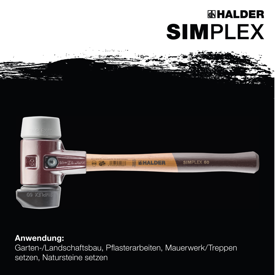 SIMPLEX-Schonhammer, Gummikomposition, mit Standfuß / TPE-mid; mit Tempergussgehäuse und hochwertigem Holzstiel | D=60 mm | 3023.260