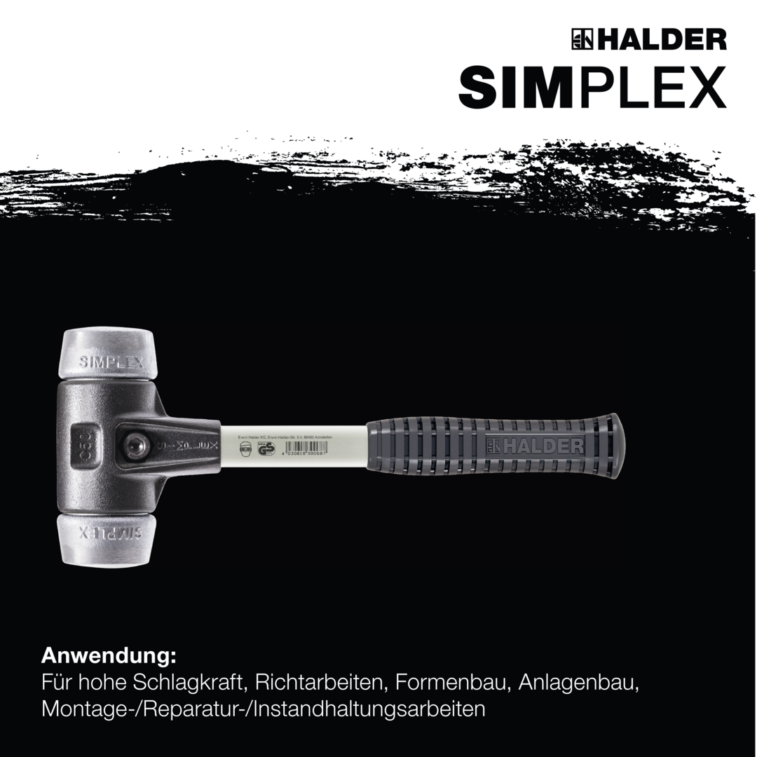 SIMPLEX-Schonhammer, Weichmetall; mit verstärktem Tempergussgehäuse und Fiberglasstiel | D=30 mm | 3709.030