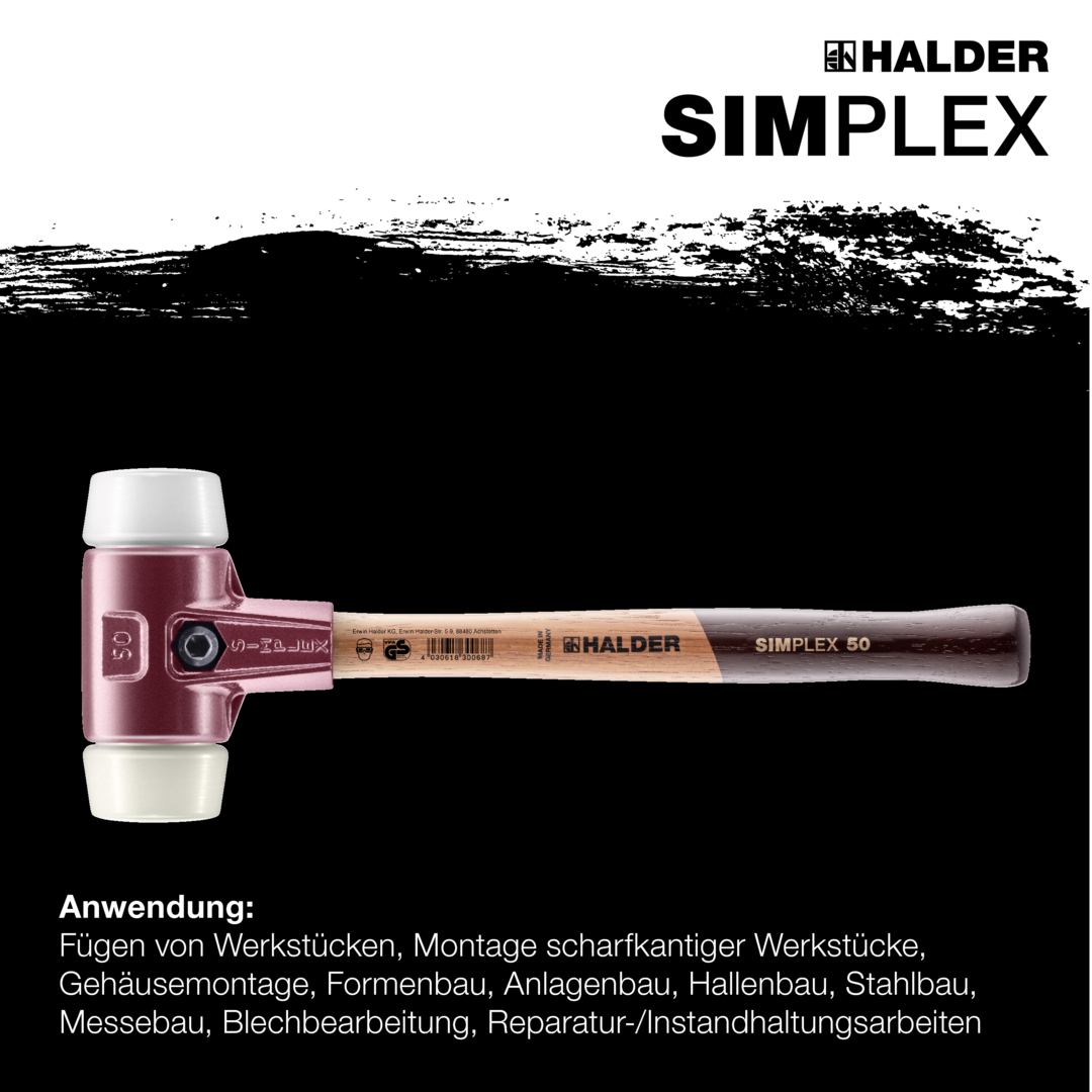 SIMPLEX-Schonhammer, Superplastik / Nylon; mit Tempergussgehäuse und hochwertigem Holzstiel | D=50 mm | 3078.050