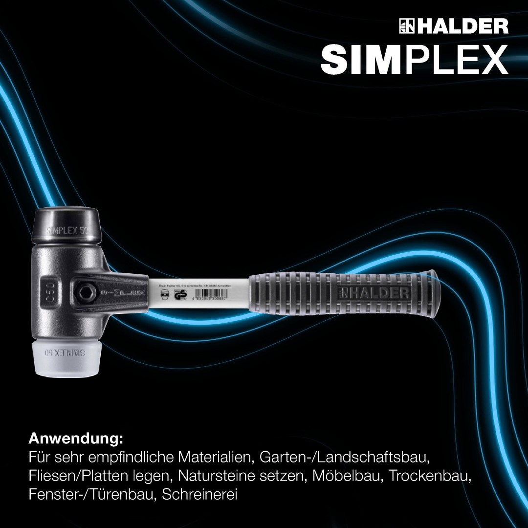 SIMPLEX-Schonhammer, Gummikomposition / TPE-mid; mit verstärktem Tempergussgehäuse und Fiberglasstiel | D=60 mm | 3723.060