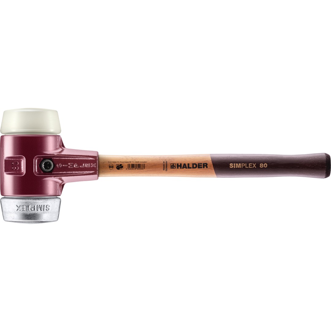 SIMPLEX-Schonhammer, Nylon / Weichmetall; mit Tempergussgehäuse und hochwertigem Holzstiel | D=80 mm | 3089.080
