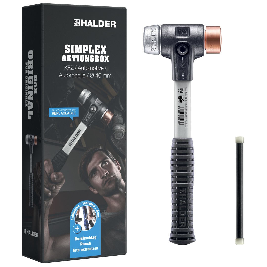 SIMPLEX-Aktionsbox KFZ, SIMPLEX-Schonhammer D40, Kupfer / Weichmetall plus Durchschlag | 3749s001