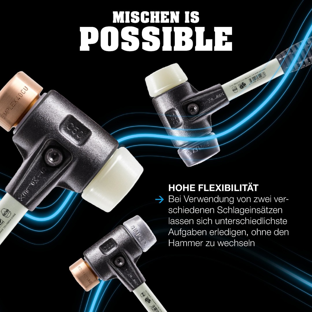 SIMPLEX-Schonhammer, Kupfer / Nylon; mit verstärktem Tempergussgehäuse und Fiberglasstiel | D=30 mm | 3748.030 SIMPLEX-Aktionsbox KFZ, SIMPLEX-Schonhammer D40, Kupfer / Weichmetall plus Durchschlag | 3749s001