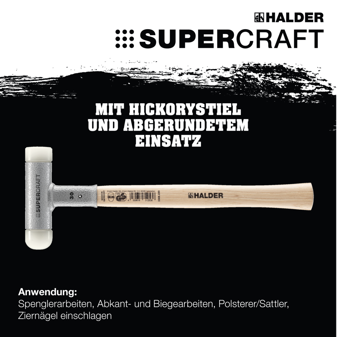 SUPERCRAFT-Schonhammer, mit schwingungsdämpfendem, ergonomisch geformtem und lackiertem Hickorystiel und abgerundetem Einsatz | D=30 mm | 3366.230