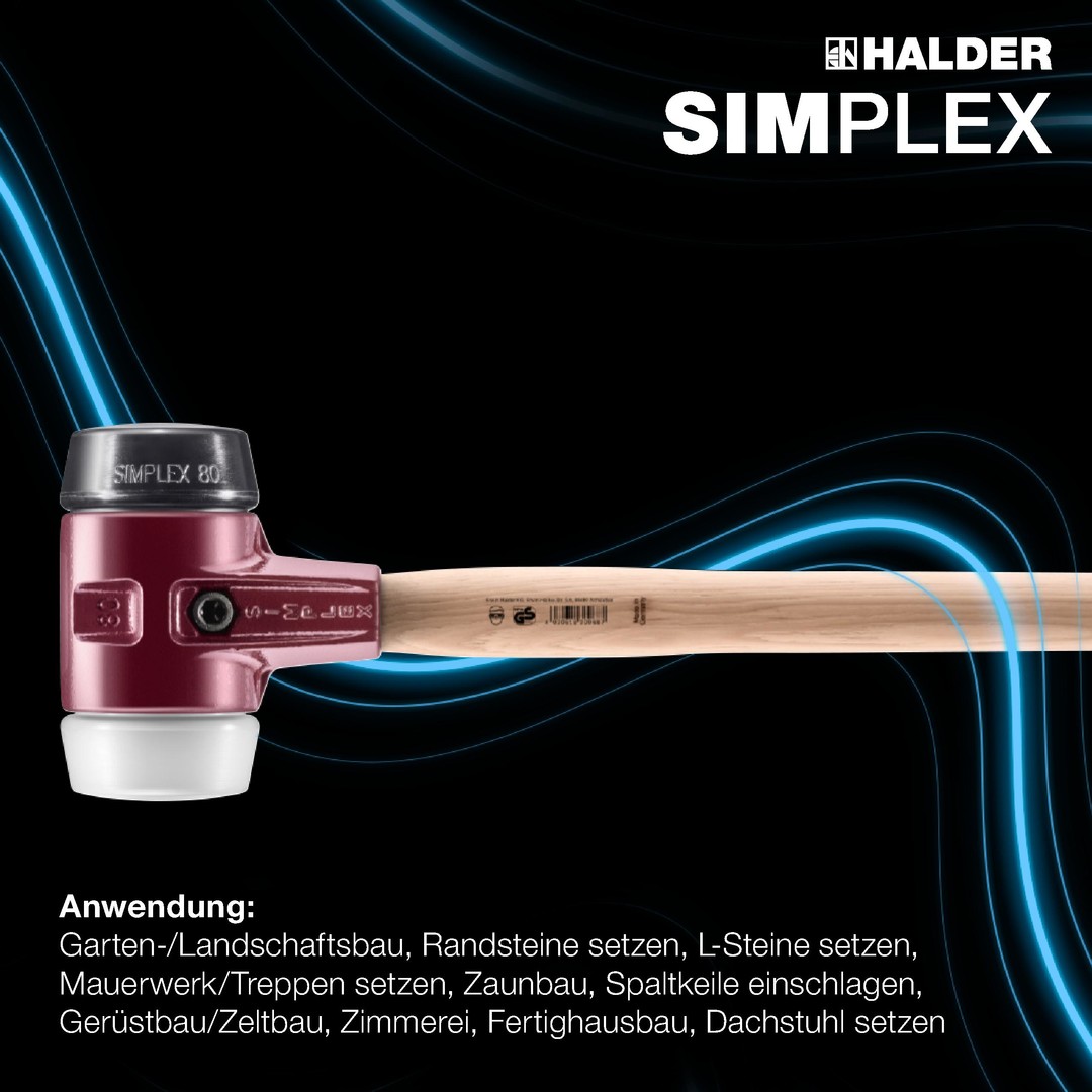 Młotek kowalski SIMPLEX, gumowy / superplastyczny; z korpusem z żeliwa ciągliwego i trzonkiem hikorowym | D=80 mm | 3027.081 SIMPLEX-Vorschlaghammer, Gummikomposition / Superplastik; mit Tempergussgehäuse und Hickorystiel | D=60 mm | 3027.061