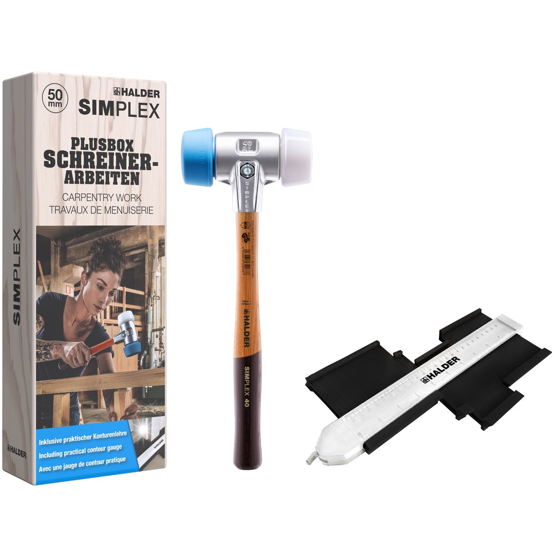 SIMPLEX-Plusbox "Schreinerarbeiten", SIMPLEX-Schonhammer, TPE-soft / Superplastik plus Konturenlehre | 3117s004
