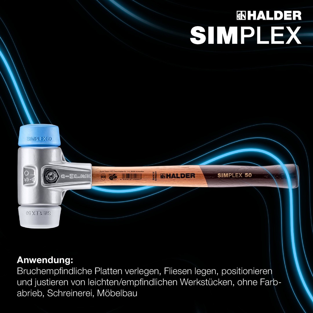 SIMPLEX-Plusbox Starterkit Alu SIMPLEX-Schonhammer D60, TPE-soft / TPE-mid, mit Aluminiumgehäuse sowie je ein Schlageinsatz Gummikomposition und Superplastik plus Cuttermesser | EH 3113s004