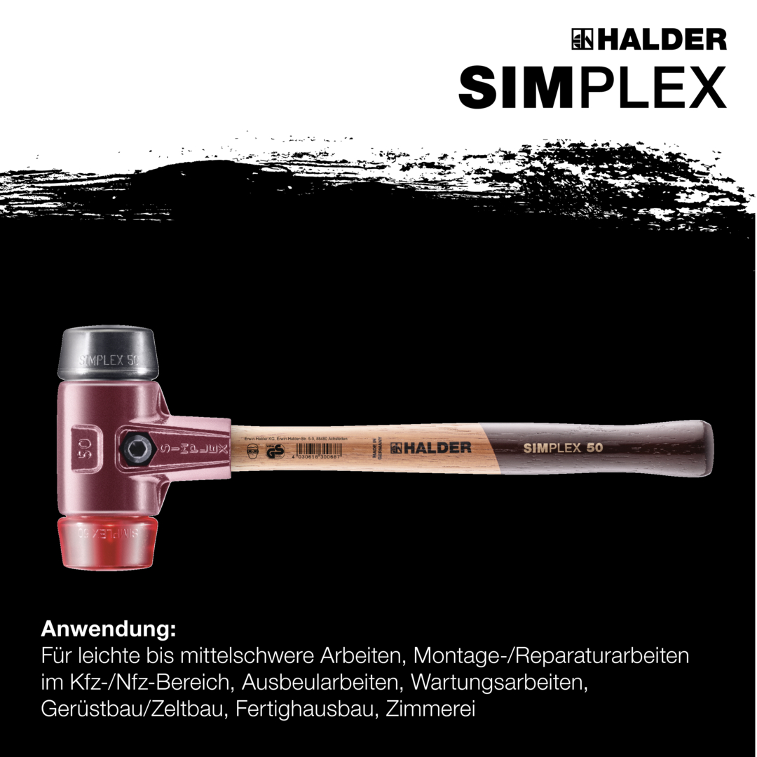 SIMPLEX-Schonhammer, Gummikomposition / Plastik; mit Tempergussgehäuse und hochwertigem Holzstiel | D=50 mm | 3026.050