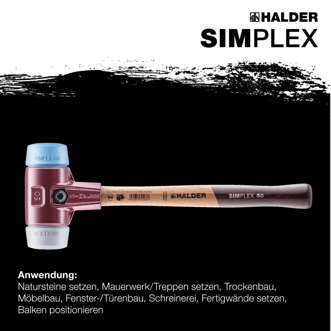 SIMPLEX-Schonhammer, TPE-soft / TPE-mid; mit Tempergussgehäuse und hochwertigem Holzstiel | D=60 mm | 3013.060